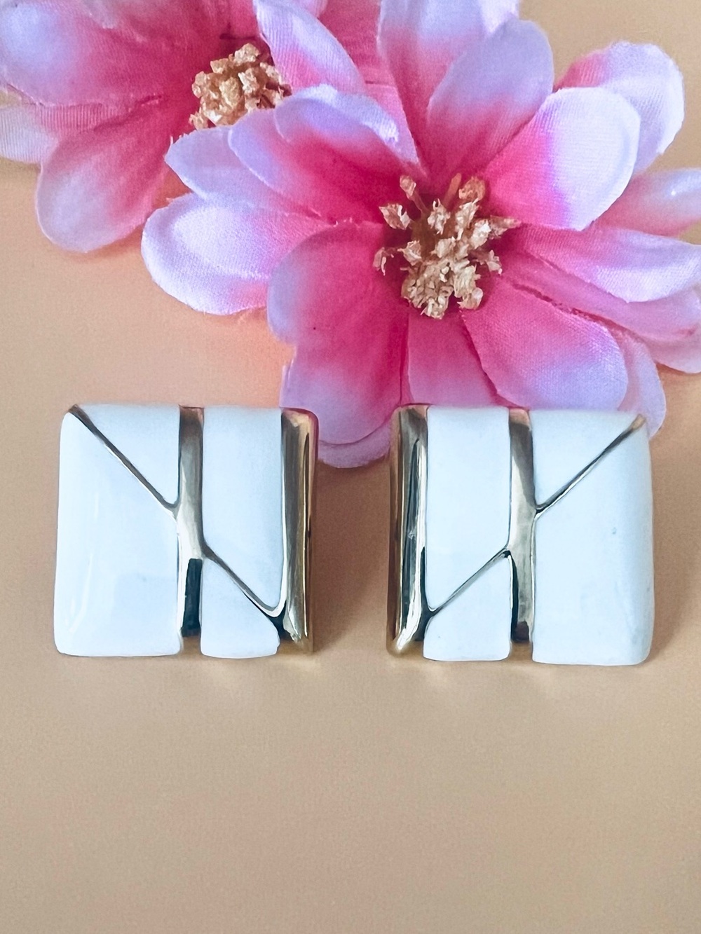 Vintage Monet Gold and Cream Geometric Earrings
